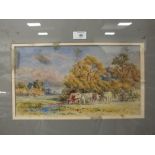 A FRAMED AND GLAZED WATERCOLOUR OF CATTLE WATERING SIGNED R GALLON