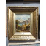 A GILT FRAMED OIL ON CANVAS DEPICTING AN ALPINE VIEW SIGNED LOWER RIGHT W MEADOWS