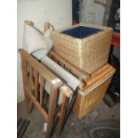 A DIRECTOR STYLE CHAIR TOGETHER WITH WICKER LAUNDRY BASKETS ETC