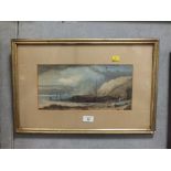 A FRAMED AND GLAZED WATER COLOUR OF A BEACH SCENE WITH BOATS AND FIGURES SIGNED JOHN F SALMON