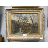 A FRAMED 19TH CENTURY TYPE OIL ON BOARD DEPICTING A GIRL PICKING FLOWERS BY THE RIVER