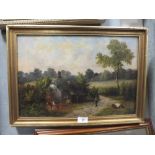 A FRAMED 19TH CENTURY TYPE OIL ON CANVAS OF A RUSTIC COTTAGE SCENE WITH CATTLE