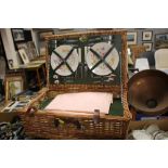 A WICKER PICNIC HAMPER BASKET & CONTENTS