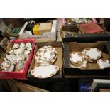 THREE TRAYS OF ROYAL ALBERT COUNTRY ROSES DINNER WARE TO INCLUDE TEAPOTS, DINNER PLATES ETC