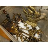 A BOX OF METALWARE TO INCLUDE BRASS STAG FIGURE, CANDLESTICKS, COMPANION SET ETC