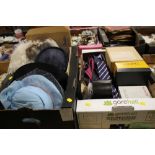 TWO BOXES OF LADIES VINTAGE HATS AND BOXED WIGS TO INC DELTRESS AND A QUANTITY OF GENTS TIES TO