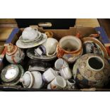 A TRAY OF ORIENTAL CERAMICS TO INCLUDE TWIN HANDLED VASES, TEAPOTS ETC. ¦