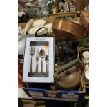 A TRAY OF ASSORTED METALWARE TO INCLUDE A LARGE COPPER KETTLE, BOXED ONEIDA CUTLERY SET, SPELTER