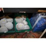 TWO BOXES OF WHITE CHURCHILL CHINA TOGETHER WITH A LARGE QUANTITY OF GLASSWARE