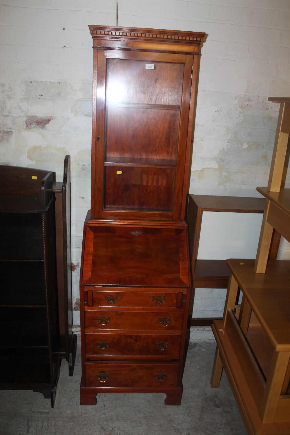 A SLIM YEW WOOD BUREAU BOOK CASE