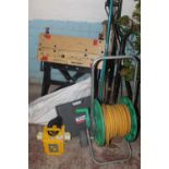 A QUANTITY OF ASSORTED TOOLS ETC, TO INCLUDE A 240V CLARKE TRANSFORMER, BLACK & DECKER WORKMATE,