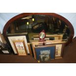 A QUANTITY OF PICTURES AND PRINTS TOGETHER WITH A LARGE OVAL FRAMED MIRROR.