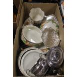 A TRAY OF ASSORTED CHINA AND METAL WARE