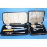 A CASED HALLMARKED SILVER CHRISTENING SET TOGETHER WITH A CHILD'S KNIFE, FORK AND SPOON SET