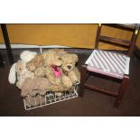 A QUANTITY OF ASSORTED SOFT TOYS AND A SMALL CHILD'S CHAIR