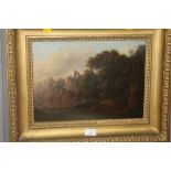 A GILT FRAMED OIL ON BOARD, DEPICTING A RIVER SIDE SCENE