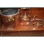 A COPPER COAL BUCKET AND COPPER KETTLE ETC