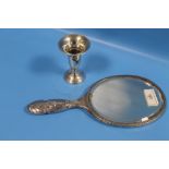 A HALLMARKED SILVER DRESSING TABLE MIRROR TOGETHER WITH A CANDLE STICK HOLDER