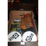 A BOX OF ASSORTED TOOLS ETC