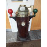 A LATE VICTORIAN SHIPS BINNACLE WITH COMPASS, the mahogany base with brass outriggers for port and