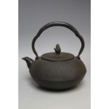 AN ORIENTAL TYPE IRON KETTLE, W 19.25 cm