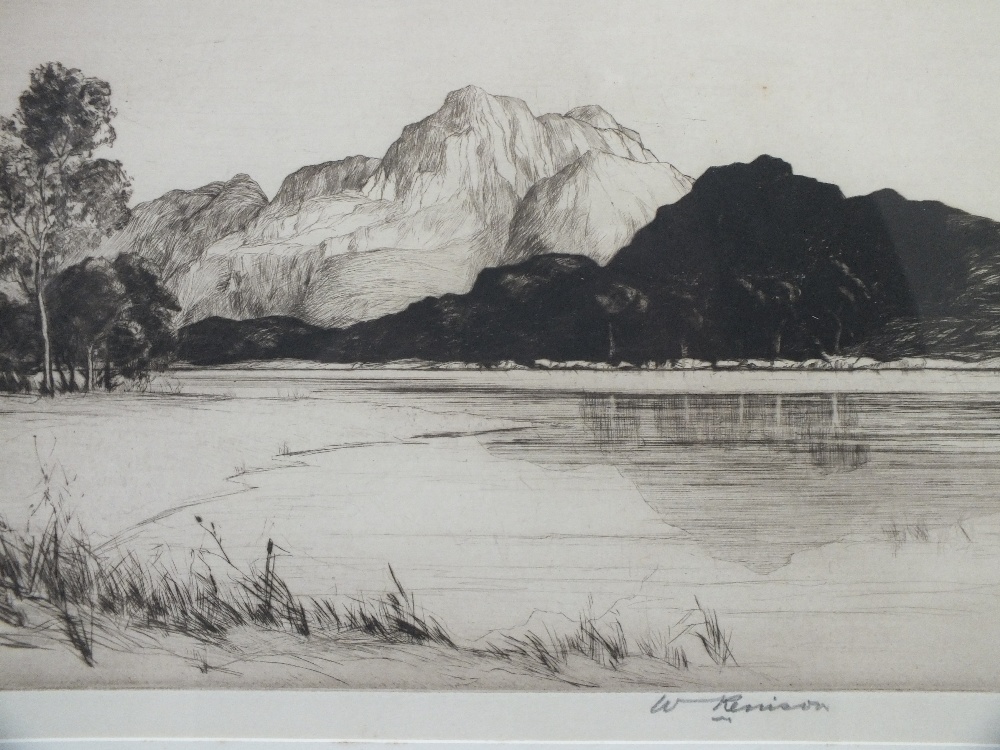 WILLIAM RENISON (1893-1938). A pair of mountainous wooded lake scenes, one signed in pencil lower