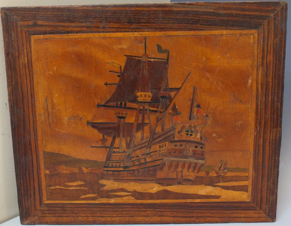 A 20TH CENTURY ARTS & CRAFTS STYLE INLAID SPECIMEN WOOD PANEL, depicting a galleon at sea, unframed,