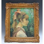 BRITISH SCHOOL (XX). Portrait of a young girl, signed lower right but indistinct, oil on board, gilt
