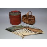 A RUSSIAN LACQUERED DRUM SHAPED BOX, miniature basket and fan (3)