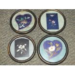 A SET OF FOUR CIRCULAR FRAMED ORIENTAL EMBROIDERED SILK MANDARIN COAT PANELS ETC, to include two