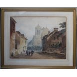 A 19TH CENTURY VILLAGE SCENE WITH NUMEROUS FIGURES GOING TO CHURCH, unsigned, watercolour, framed