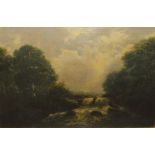 LATE 19TH / EARLY 20TH CENTURY BRITISH SCHOOL, a stormy wooded rocky river landscape, hills
