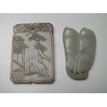 A CHINESE CELADON JADE PENDANT, finely carved in shallow relief to one side with a landscape