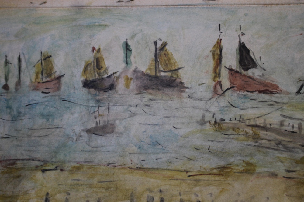 CIRCLE OF LAURENCE STEPHEN LOWRY (1887-1976). A coastal scene with sailing vessels with figures on - Image 4 of 6