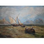 A LATE 19TH / EARLY 20TH CENTURY CONTINENTAL STORMY COASTAL SCENE WITH FIGURES, rowing boat and