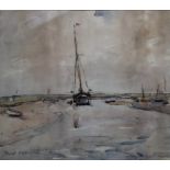 FRED MAYO. Twentieth century impressionist estuary scene with beached sailing vessel, signed lower