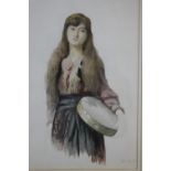 ARTHUR ACKLAND HUNT (Exh: 1881-1913). Study of a Continental peasant girl with tambourine, signed