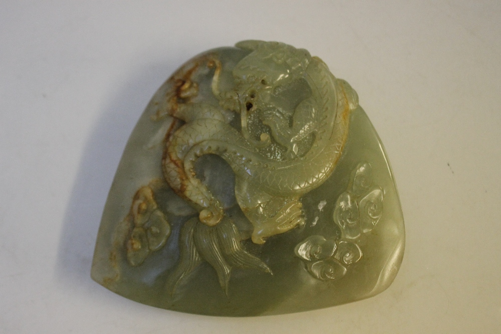 A CHINESE JADE DRAGON, L 11 cm, W 12 cm