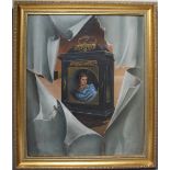 JOHN VOSS. Modernist composition with portrait of a young woman inside a clock case and dragonfly,