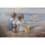 TWENTIETH CENTURY EUROPEAN SCHOOL, an impressionist beach scene with children, indistinctly signed