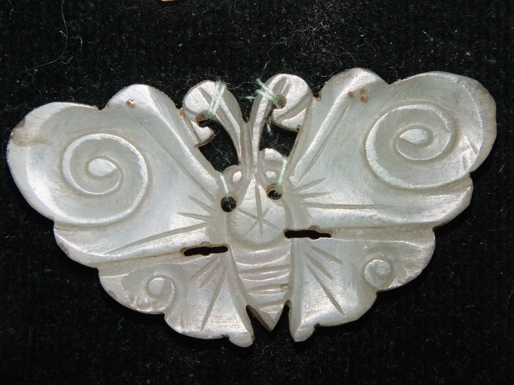 A COLLECTION OF FIVE CHINESE CELADON JADE CARVED INSECT / MOTH PLAQUES, in varying sizes, finely - Image 5 of 12