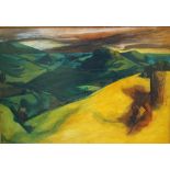 STUART JENNINGS (b.1928). surrealist landscape, signed verso, oil on board, framed, 46.5 cm x 68 cm