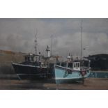 DEREK WILLIAMS. Twentieth century British school, harbour scene at St. Ives with fishing boats and