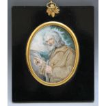 A 19TH CENTURY OVAL PORTRAIT MINIATURE OF A BEARDED TRAVELLER, landscape beyond, in a wooden frame