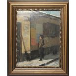J.W. ?; Early 20th century Continental school, Winter street scene with young street sweeper looking