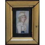 A LATE 19TH CENTURY PORTRAIT MINIATURE OF A LADY WEARING A WHITE DRESS WITH BLUE SASH AND PEARL