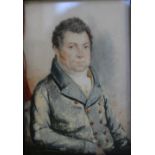 A 19TH CENTURY PORTRAIT MINIATURE OF A SEATED GENTLEMAN IN A BLUE COAT, in fruitwood frame,