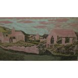 JOAN E. WOOLLARD. A modernist moorland village scene, signed in pencil and dated 1964 lower right,