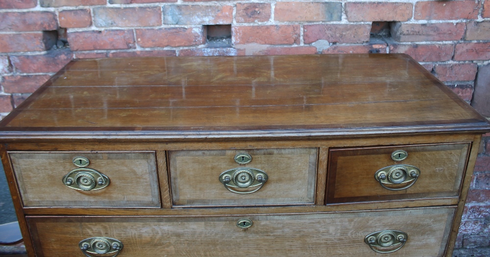 A 19TH CENTURY OAK AND MAHOGANY INLAID AND CROSSBANDED SIX DRAWER CHEST, with three short above - Image 3 of 6