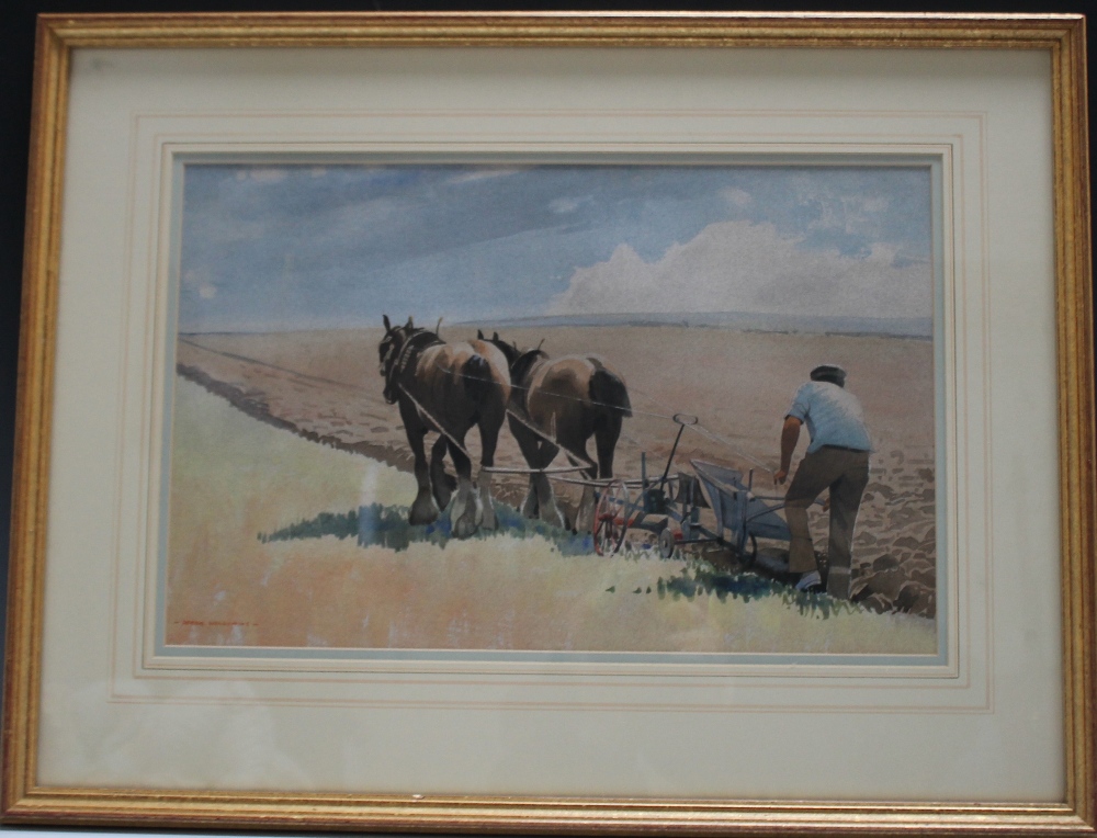 DEREK WILLIAMS. Twentieth Century British school, 'Ploughing Top Field', see verso, signed lower